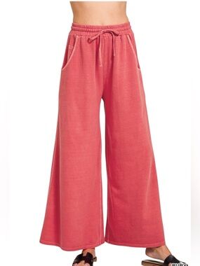 Relaxed Wide Leg Drawstring Pants in Coral